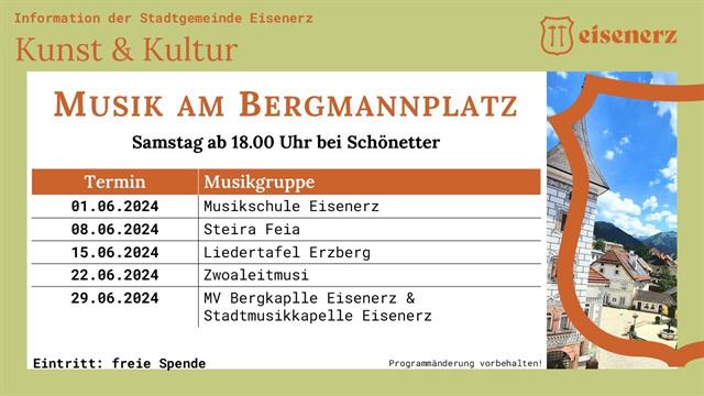 Musik am Bergmannplatz, ab 01.06.2024 Samstags 18.00 Uhr
